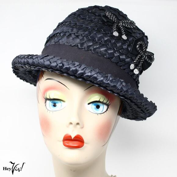 Vintage Black Woven Straw Hat Neiman Marcus with Rhinestone Bow Detail –Hey Viv main image 4